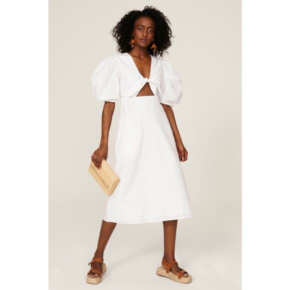 Rhode Sz 10 solid White Greer Cutout Puff Sleeve Tie Front Midi Dress boho - Picture 1 of 6